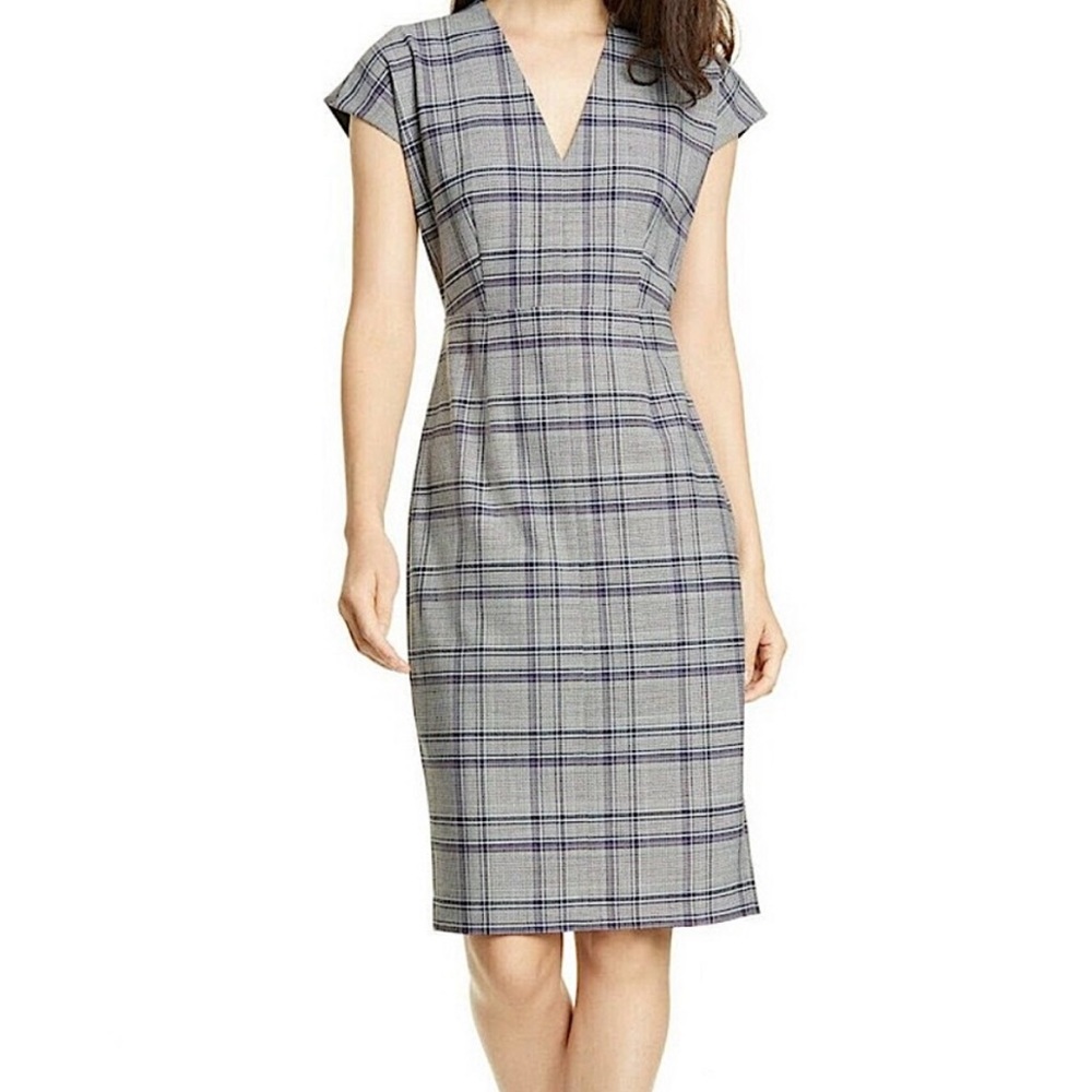 Lewit Lydia Ivory Navy Wool Blend Glen Plaid Pencil Dress